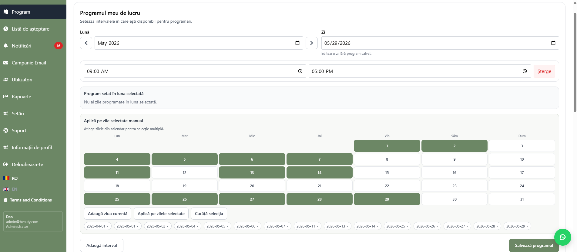 Dashboard desktop cu programări, ocupație și rapoarte salon