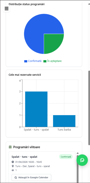 Interfață mobilă cu calendar și confirmări